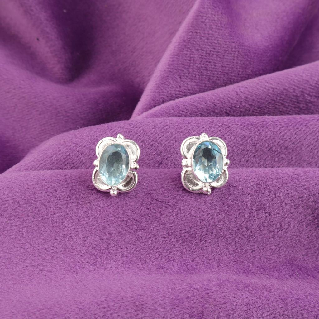 Natural Sky Blue Topaz 925 Sterling Silver Daughter Gift Stud Push Back Earrings EE-149-17