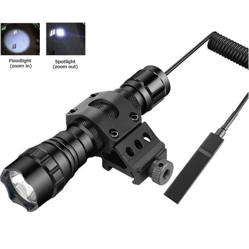 Tactical LED Flashlight, 1200 Lumens, High-Brightness LED, Zoomable, with Mounting Ring (Compatible with 20mm Rails), Weapon/Flashlight, Remote & Push