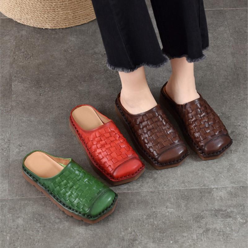 Johnature Genuine Leather Retro Weaving Square Toe Women's Slippers Versatile Outerdoor Flat Slip-on Shoes