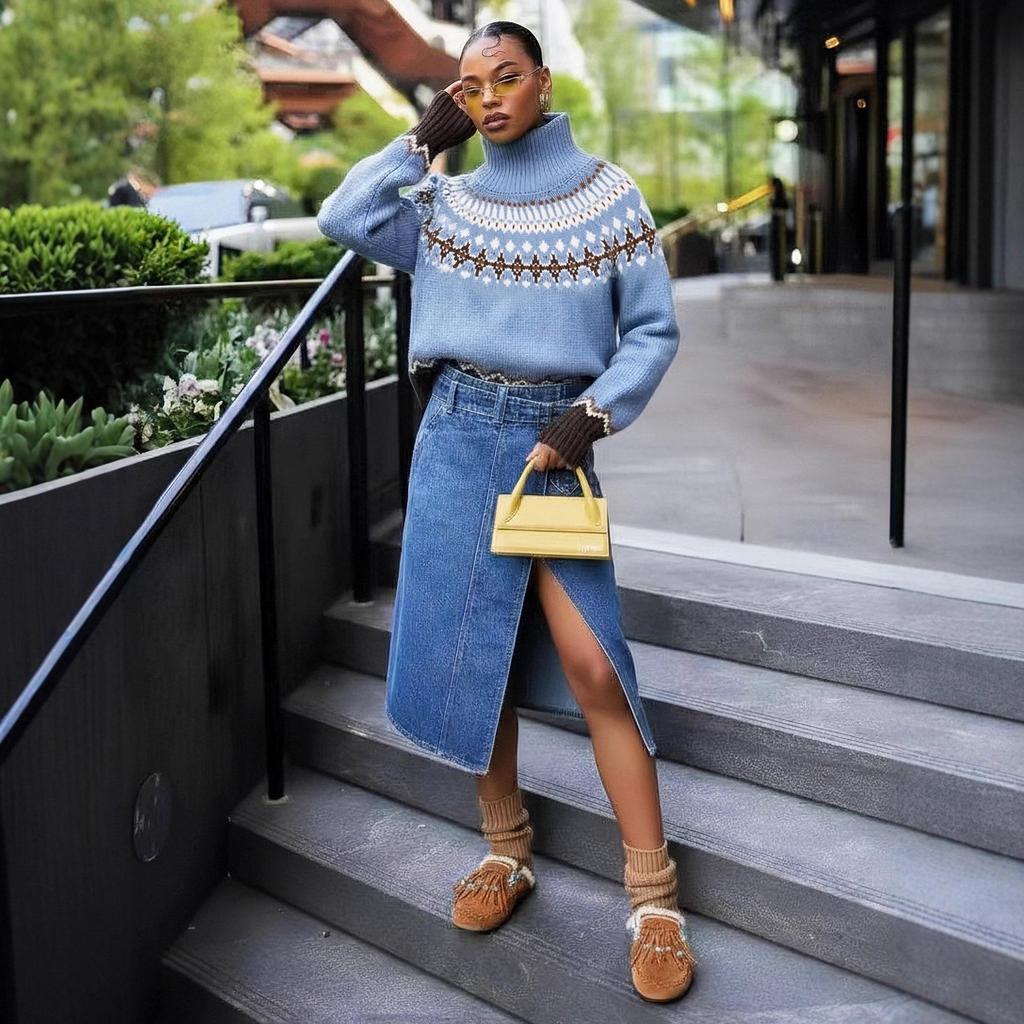 Women's Blue Retro Fair Isle High Neck Wool Sweater