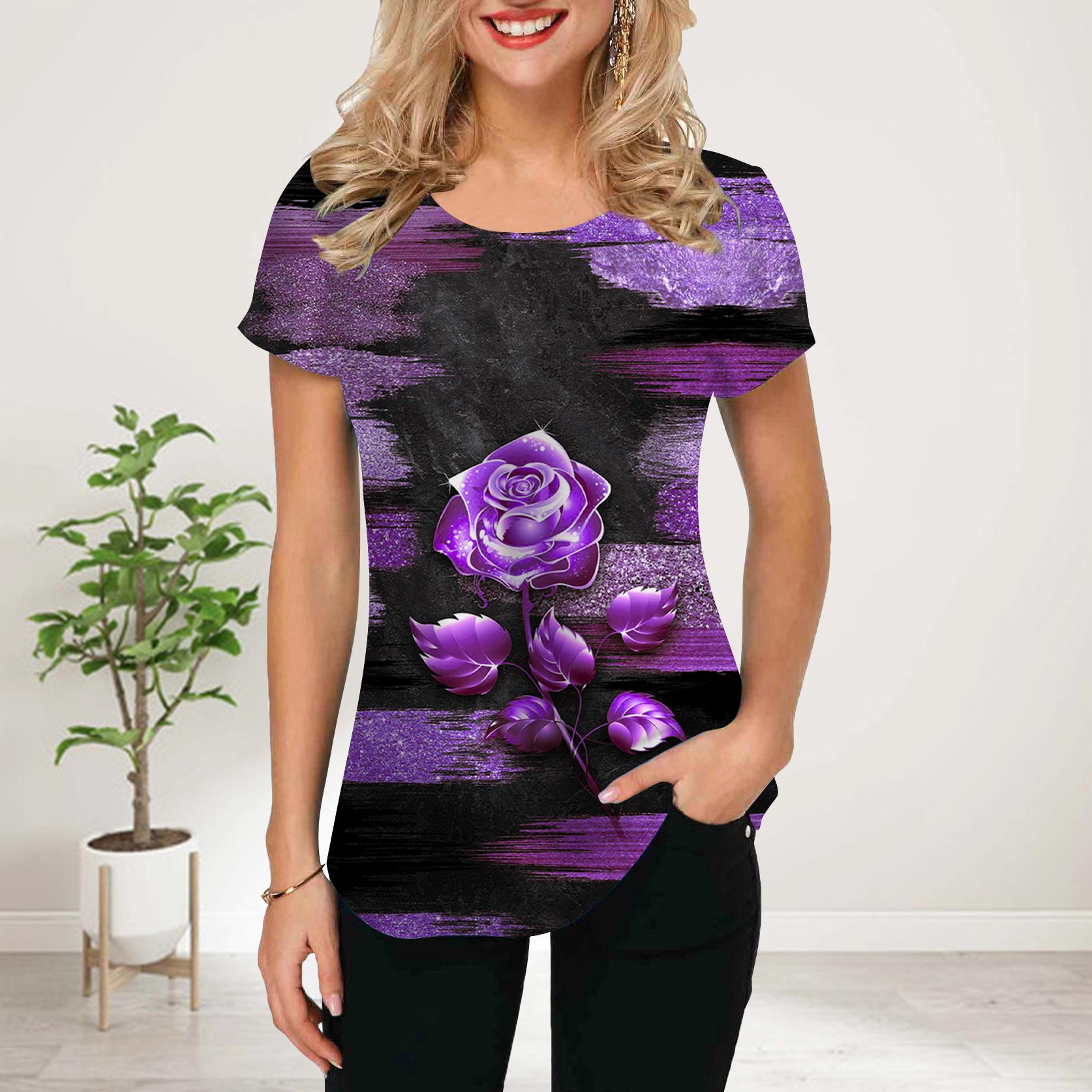 

Женская летняя футболка с принтом фиолетовой розы, футболки с коротким рукавом, повседневные топы с принтом 8XL светло-фиолетовый