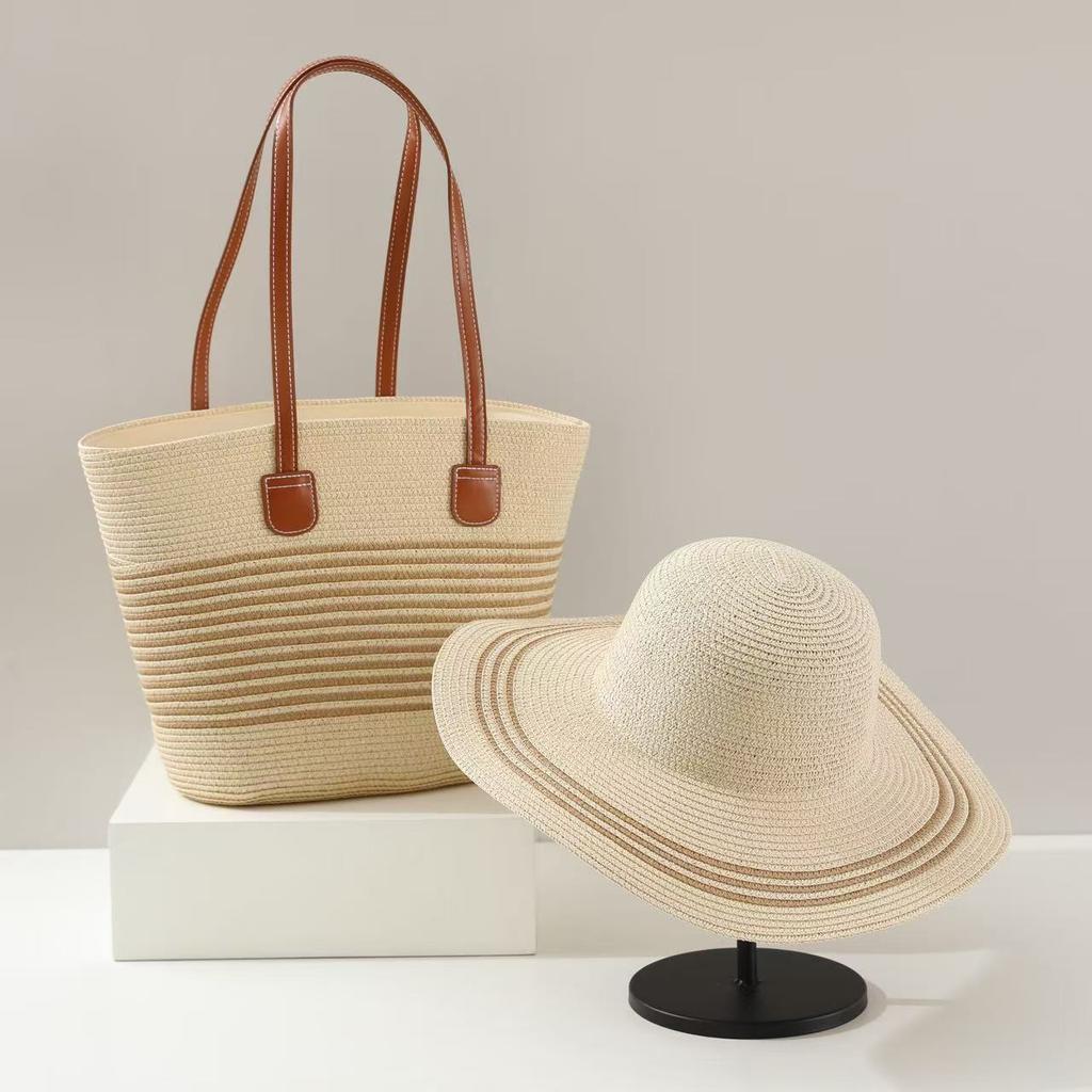 1 Conjunto Chapéu de Sol Estilo Boêmio Feminino + 1 Bolsa de Ombro, Estilo Férias, Chapéu de Palha de Ombro Bolsa Tote de Praia para Viagem de Verão Férias