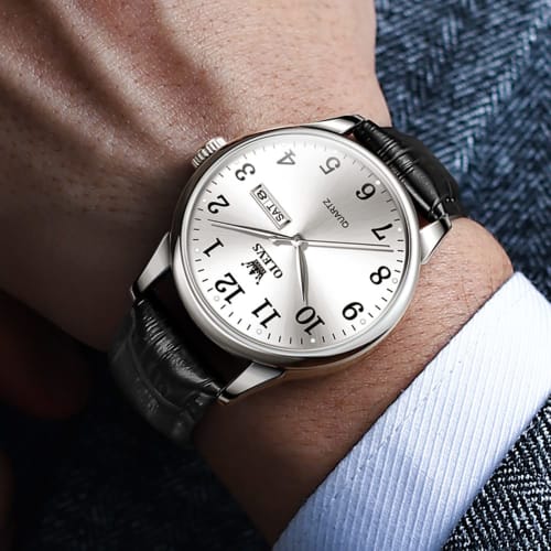 OLEVS Men's Watch, Simple and Stylish, Waterproof, Analog, Black Leather Strap, Business Watch, Easy To Read, Date Display, Quartz Movement, Perfect G