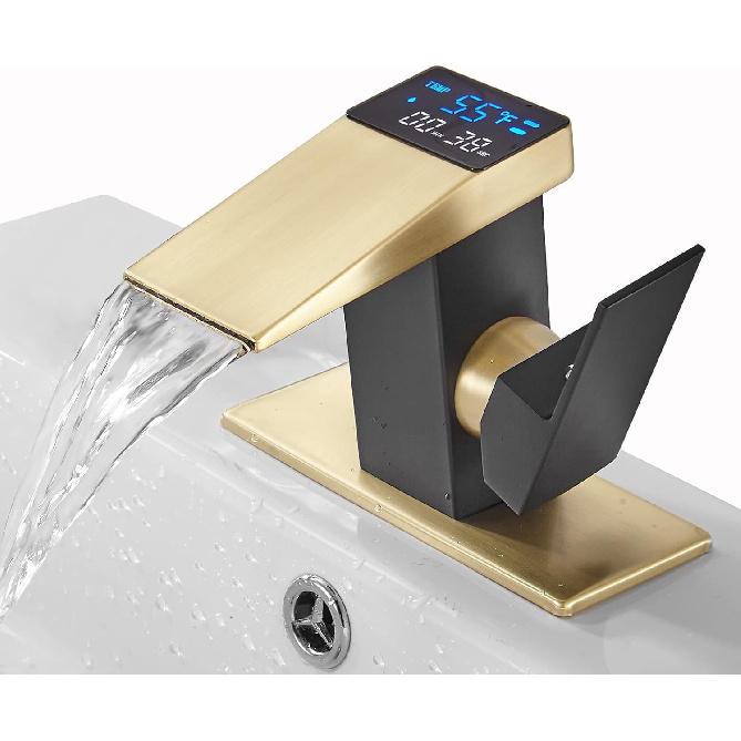 LOOPAN LED Light Bathroom Faucet One Hole Waterfall Temperature Display Hydraulic Power Single Handle Faucet Gold&Black, Waterfall Faucet for