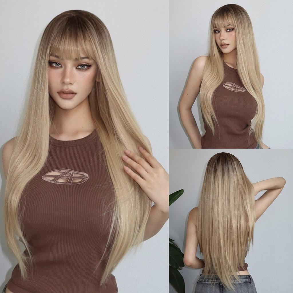 LOUIS FERRE czekoladowy brąz z blond refleksami włosy syntetyczne długie proste naturalne peruki z grzywką damska peruka z włókna Cosplay