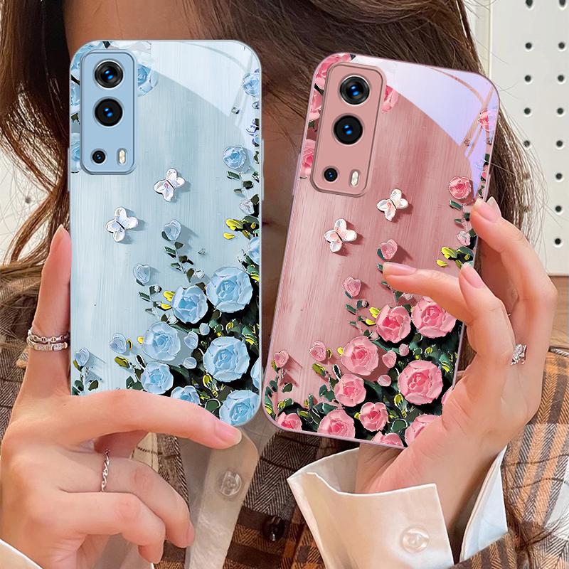 Rose Butterfly Rose Purple For Vivo Y76 16 55 V29 Lite 5G 25 23 30 IQOO Z9X 12 Pro Neo X200 100 90 60 Tempered Glass Phone Case