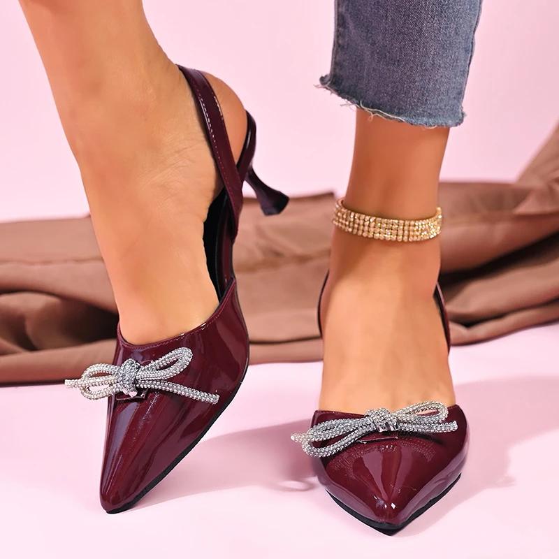 Fashion Women's Bow-Knot High Heel Sandal Sexy Crystal Decor Pointed Toe Sandalias Woman New Style Office Ladies Non Slip Sandals Female
