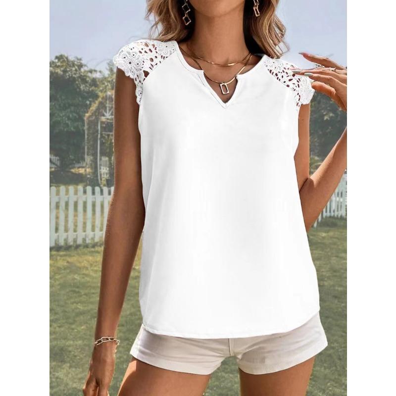 Women's Temperament V-neck Patchwork Lace Sleeve Vest Top for Women T-Shirts
