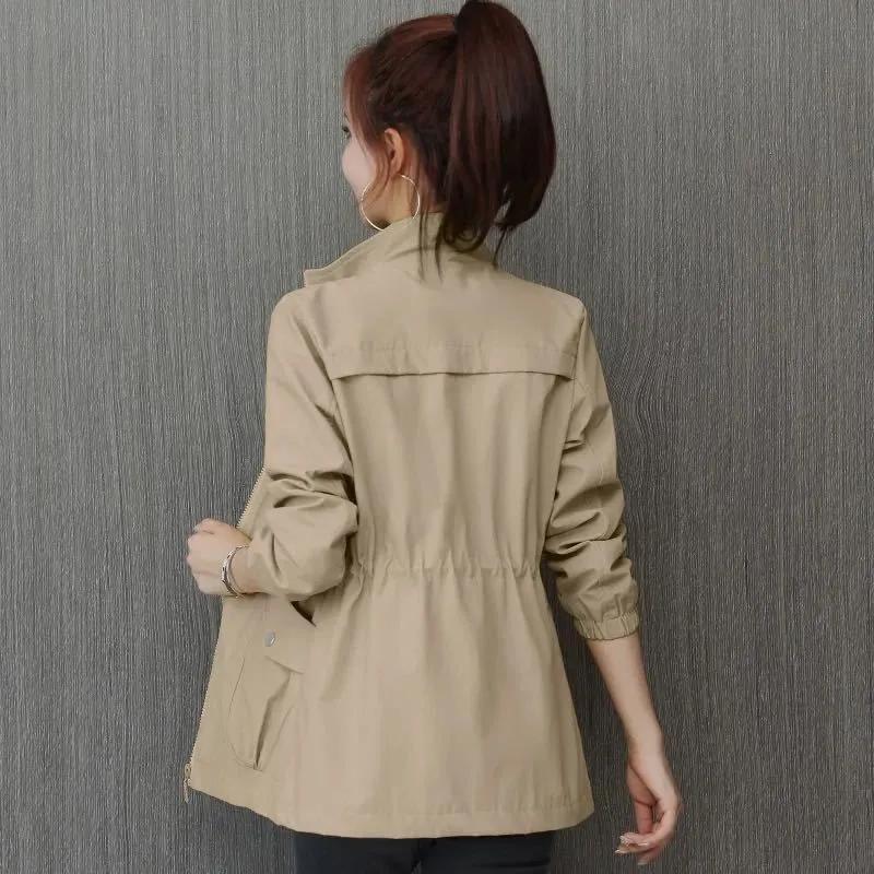 Women's Spring and Autumn Design Double-layer Zipper Collar Waist Thin Trench Coat Solid Color Slim Elegant Jacket