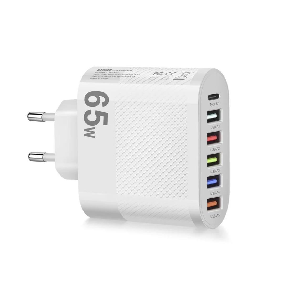 

Быстрая настенная зарядка 65 Вт 6 в 1 5 USB 1 Type C для iPhone Samsung Xiaomi Huawei Oppo Адаптер для мобильного телефона EU Plug белый