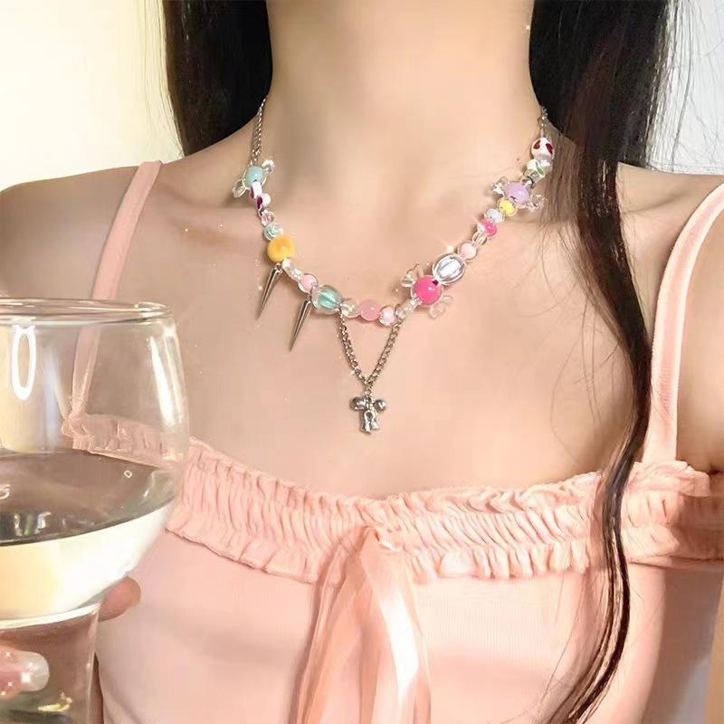 Dopamine Girl Colored Necklace Female Niche Design Sense Sweet Beaded Collarbone Chain Internet celebrity Sweet Cool Babes Necklace