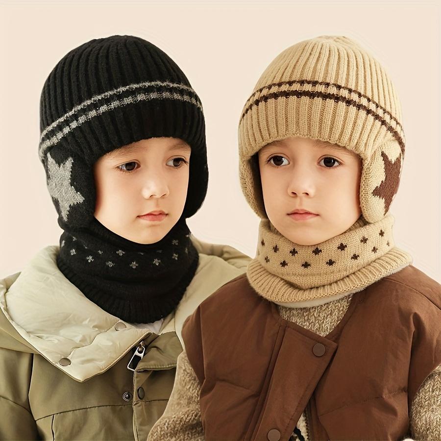 2pcs Winter Kids Hat and Scarf Set Thick Warm Knit Beanie with Earflaps & Matching Neck Gaiter for Boys Ages 3-7