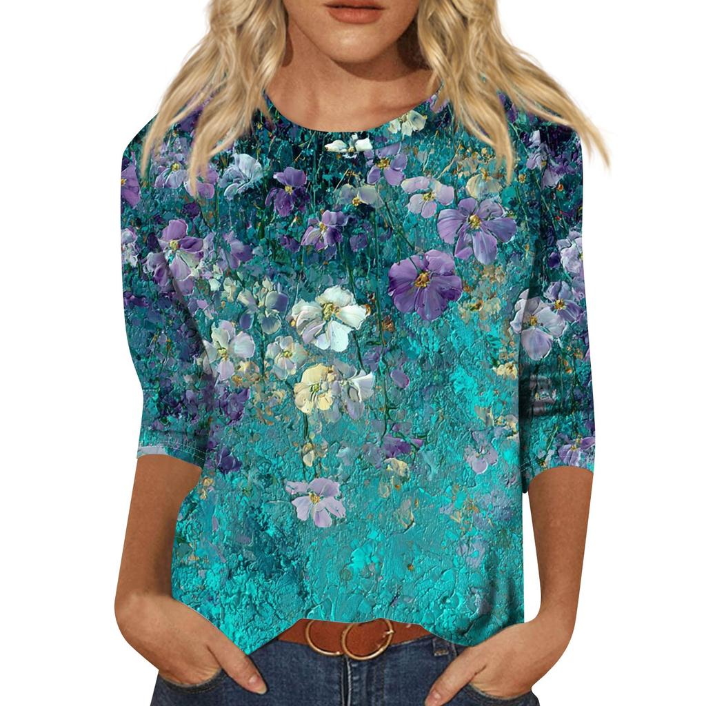 Mote Casual Rund Hals 3/4 Erme Løs Trykket T-skjorte Dame Topp