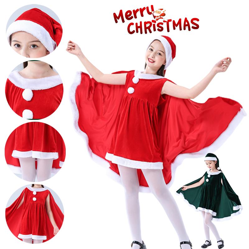Toddler Girls Christmas Dress Set Cloak Cape Santa Claus Elf Cos Velvet Outfit