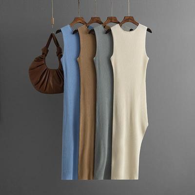 Women's Autumn Vintage Sexy Open Back Knitted Strap High Waist Slim Split Dress