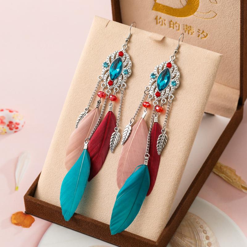 Fashion Temperament Bohemian Feather Earrings for Women Long Crystal Leaf Vintage Earring Female Wedding Party Jewelry