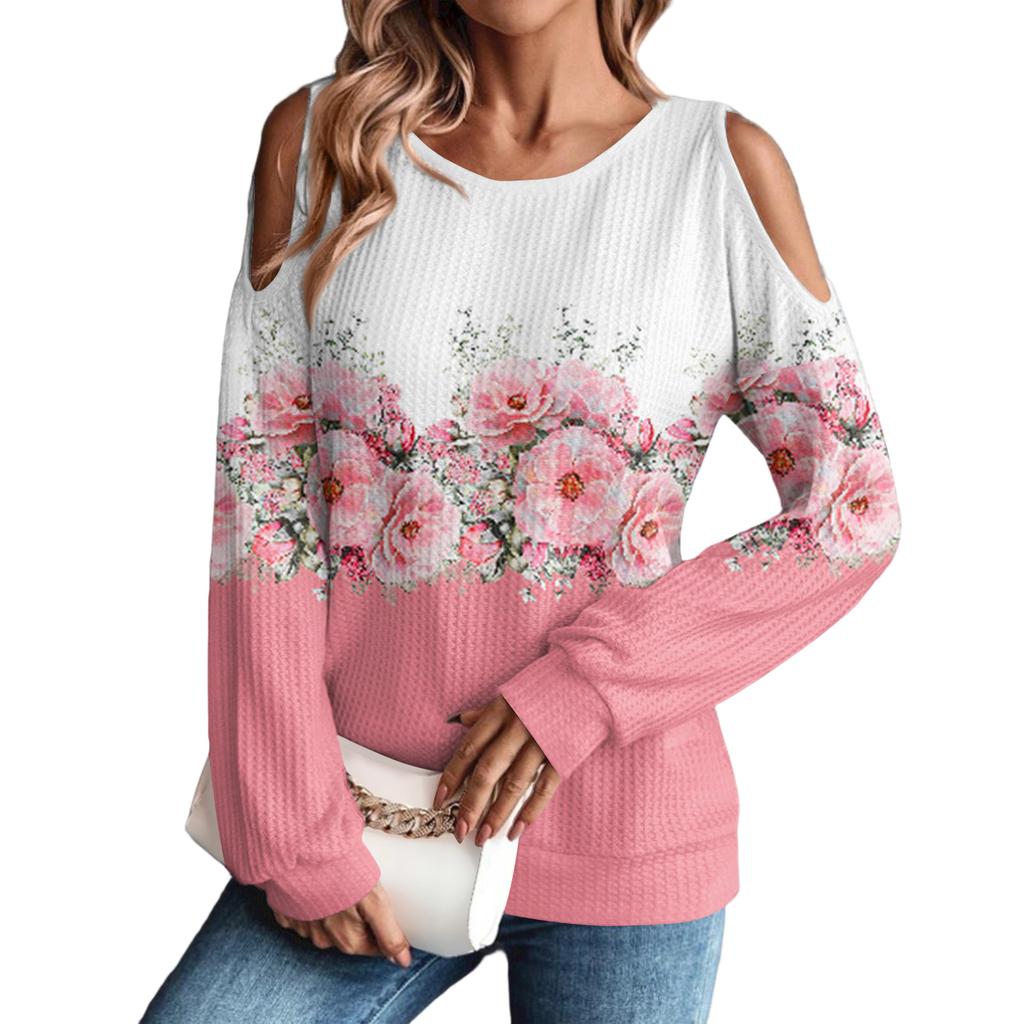 Damen Winter Oversized T-Shirt Modisch Schulterfrei Rundhals Vintage Blumendruck Pullover Langarm Oberteil