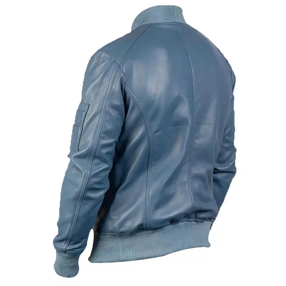 Men's Genuine Leather Blue Lambskin Bomber Stylish Biker Jacket Handmade Casual Handmade