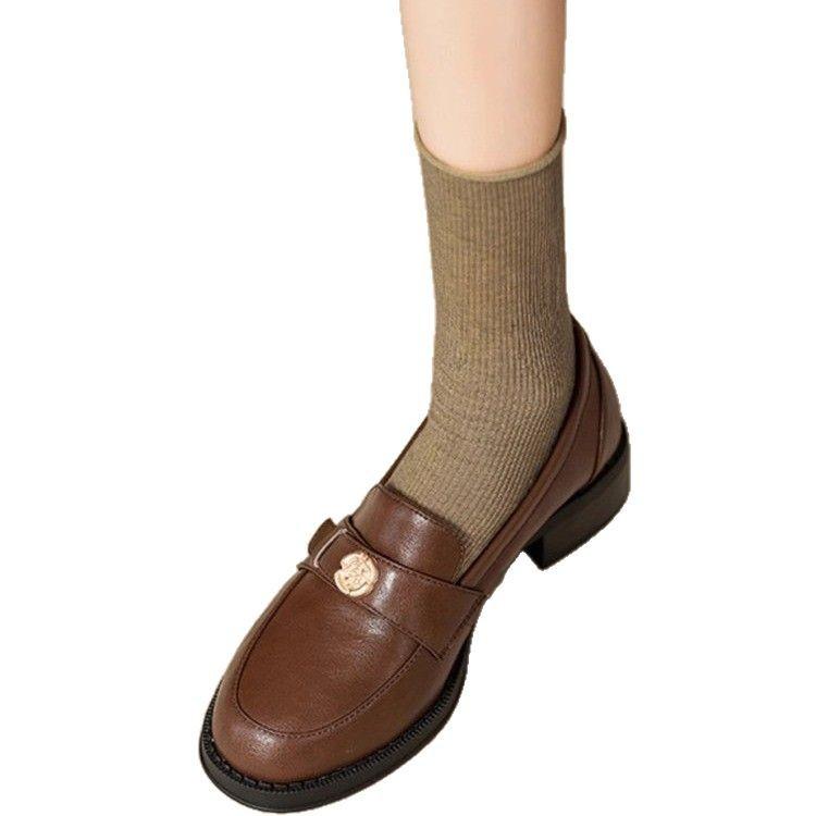 French retro British style thick heel loafers female real soft leather one-pedal camellia small leather shoes medium heel autumn shoes