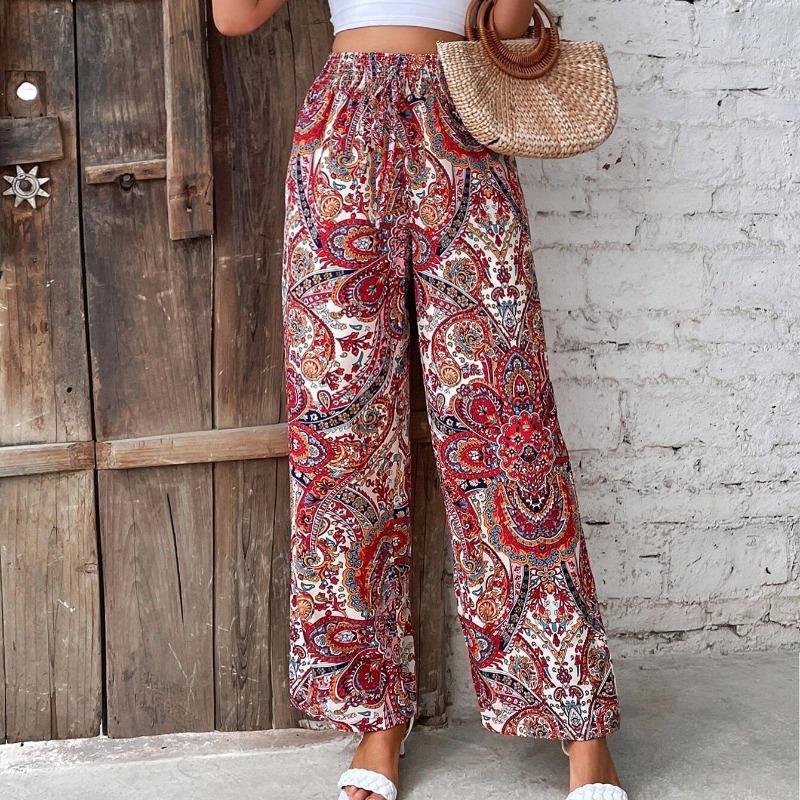 Summer New Fashion Printed Elastic Waist Wide Leg Pants Women Vintage Vacation Beach Pants Casual Woman Simple Thin Office Ladies Long Trousers 25783