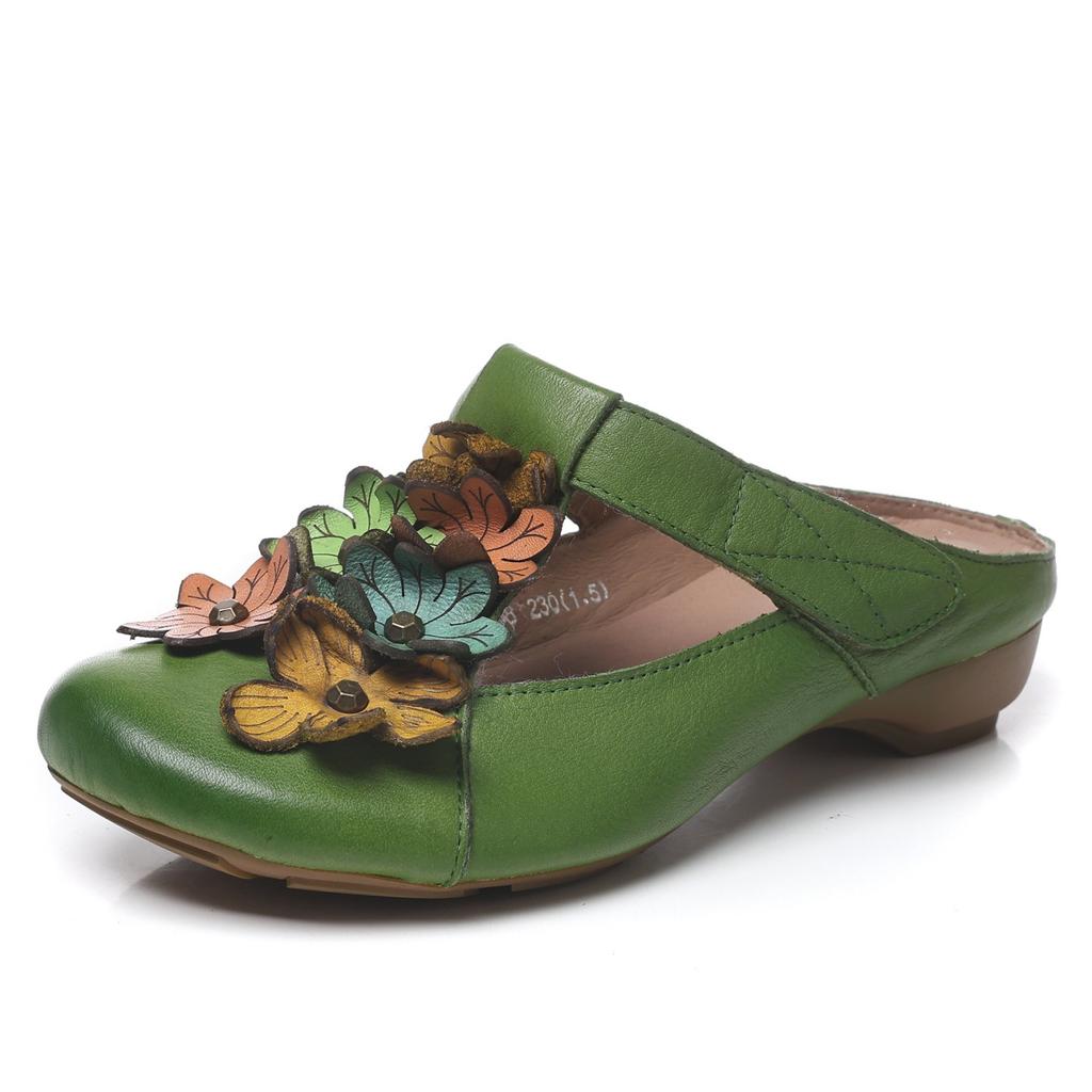 Johnature Retro Genuine Leather Colored Flower Round Toe Slippers Soft Soled Low Heel Comfortable Women's Slides