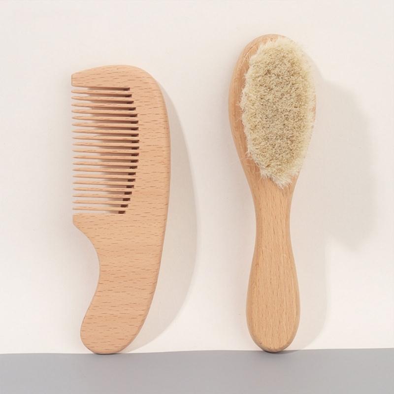 Baby Hair Brush and Hair Comb Set Soft Goat Bristles Cradle Caps Brush for Newborns & Toddlers Wood Baby Hair Brush