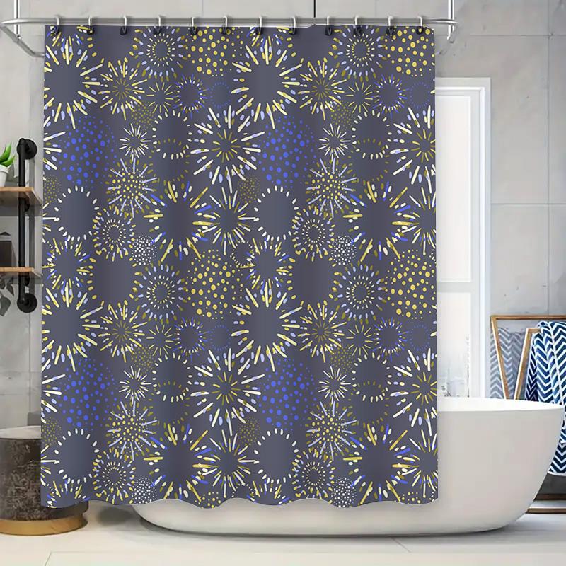 Modern Blue Gold Shower Curtain Fireworks Pattern Decorative Bath Mat Set for Home Decoration Waterproof Fabric Easy Installatio 90x180cm