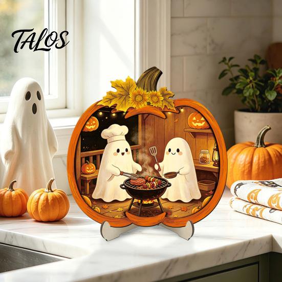 Festive Decor Halloween Door Sign, Glowing Ghost Hanging Decor, Wooden LED Window Theme Ornament for Party, Spooky Wall Pendant Home Decorative Props