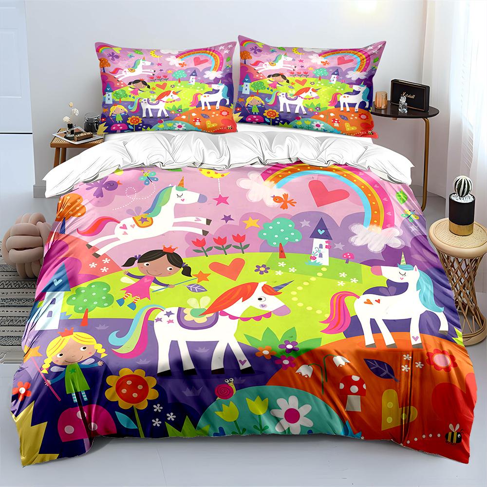 Rainbow Unicorn Fairy Tale Scene Bedding Set for Kids Luxury Gift 3pcs Digital Print Comforter Set Soft Comfortable Breathable