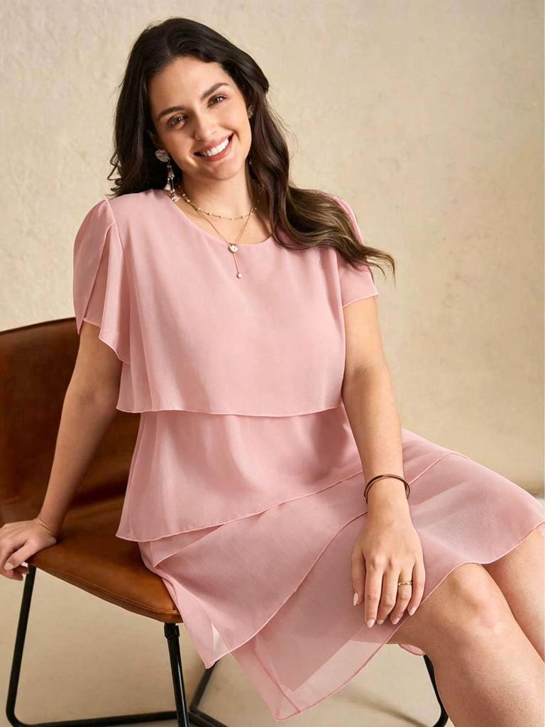 2026 Plus Size Summer Chiffon Cake Skirt Dress - Tummy Concealing, Solid Color