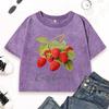 Fresh Red Raspberries Print Female Washed Crop T Shirts Summer Cotton Streetwear Fitness Vintage Top T-Shirt