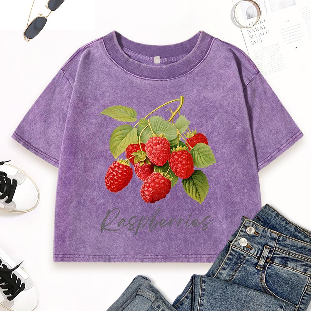 Fresh Red Raspberries Print Female Washed Crop T Shirts Summer Cotton Streetwear Fitness Vintage Top T-Shirt