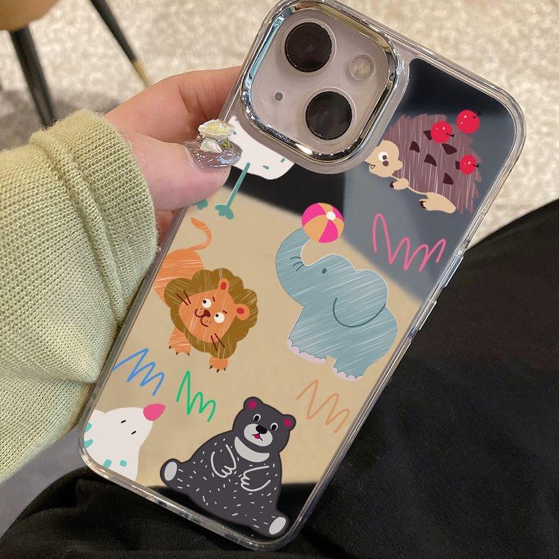 Cartoon Animal Compact Makeup Mirror Phone Case For IPhone 17 Air 11 13 14 12 15 16 Pro Max 17E 16E Plus Bumper Back Coque Cover