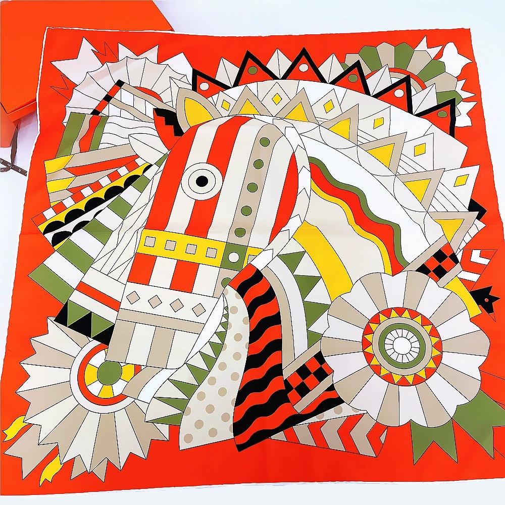 

Bright Color 90CM Manual Hand Rolled Twill Silk Scarf Women Brand Colorful Horse Square Scarves Foulards Hijab 90x90cm