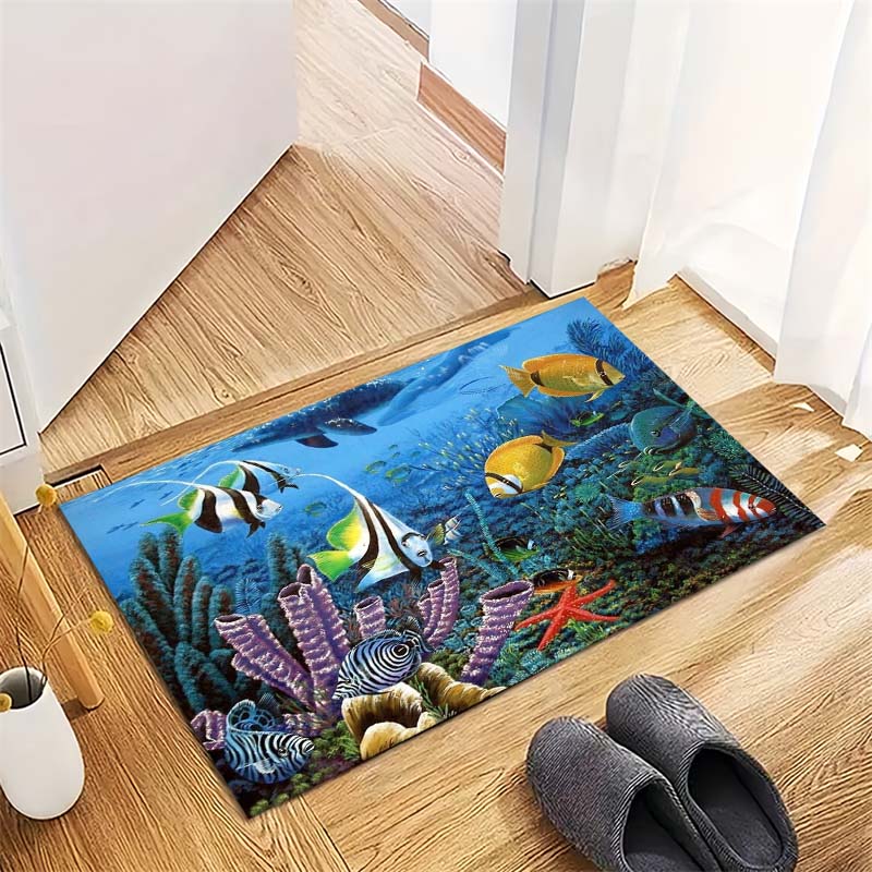 Tropical Fish Print Doormat, Non-Slip Entrance Floor Mat with Colorful Coral Reef & Fish Design, Indoor Rug for Ocean Lovers