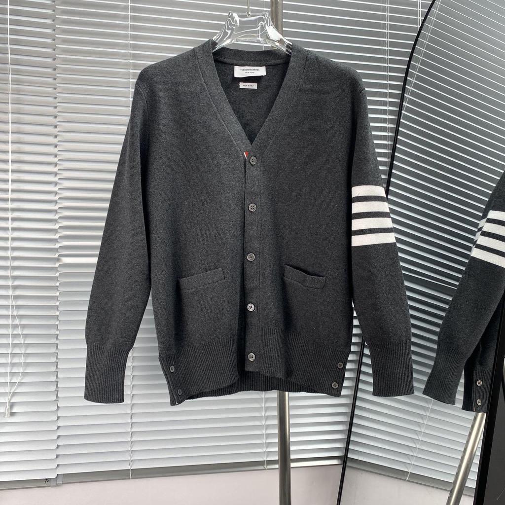 High Version Macaron V-neck Wool Cardigan with Four-Bar Sleeve for Unisex