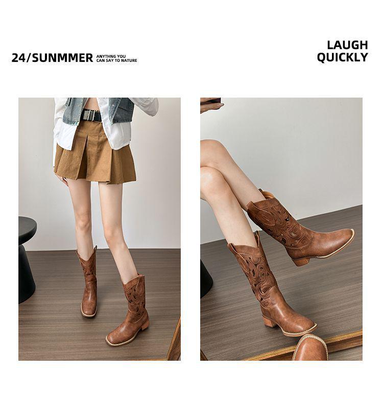 Botas Western Cowboy Bordadas de Couro Macio Femininas - Marrom Retrô Cano Médio Estilo Deserto de Verão (2025)