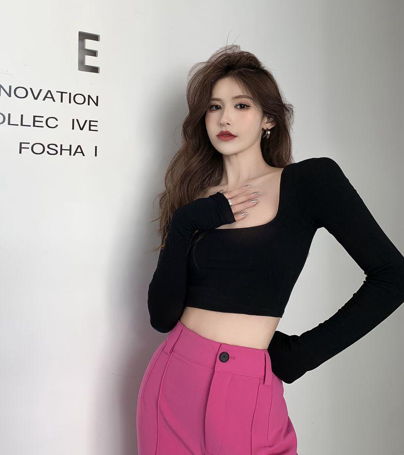 Women's Square Neck Long Sleeve Crop Top Slim Fit Elegant Commuter T-Shirt Solid Back Tie Cutout Milk Silk Y2K Hot Girl Layering Blouse