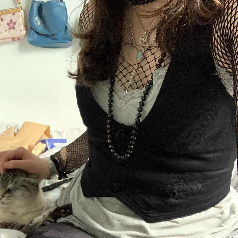 Gothic Fashion vintage Jacket Vest Solid Aesthetic Vintage Slim Button Streetwear Chic Vest Tops Sleeveless Casual Tanks Cropped