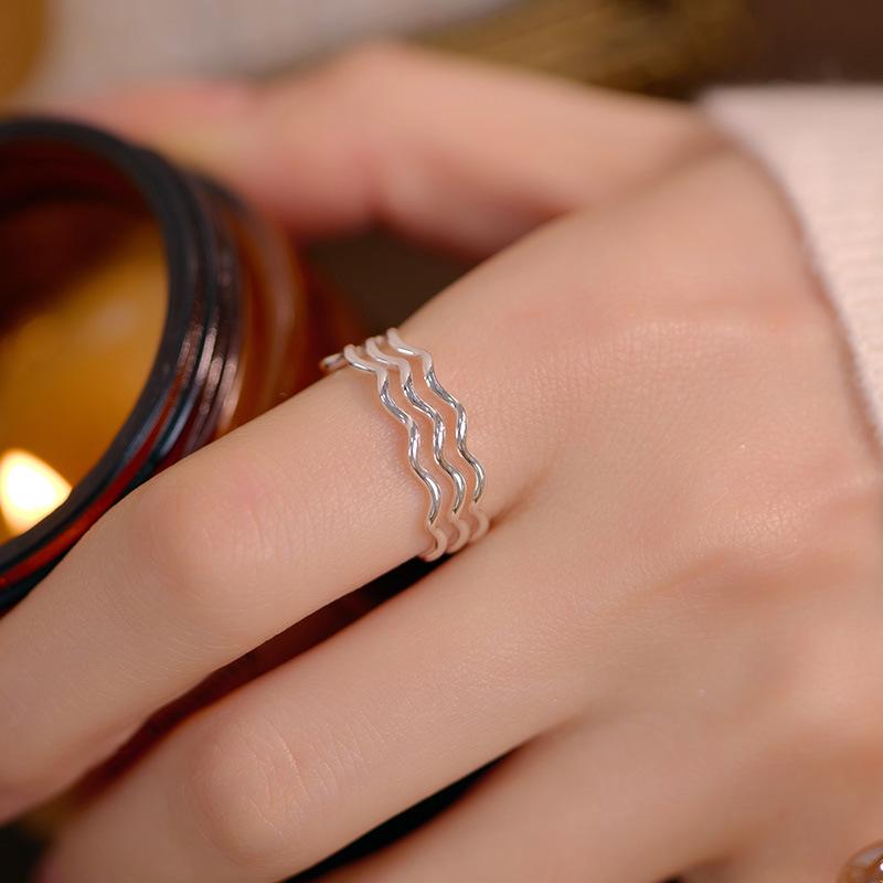 Banyan Tree S925 Silver Triple Wave Korean Ring, Adjustable Plain Cold-Style