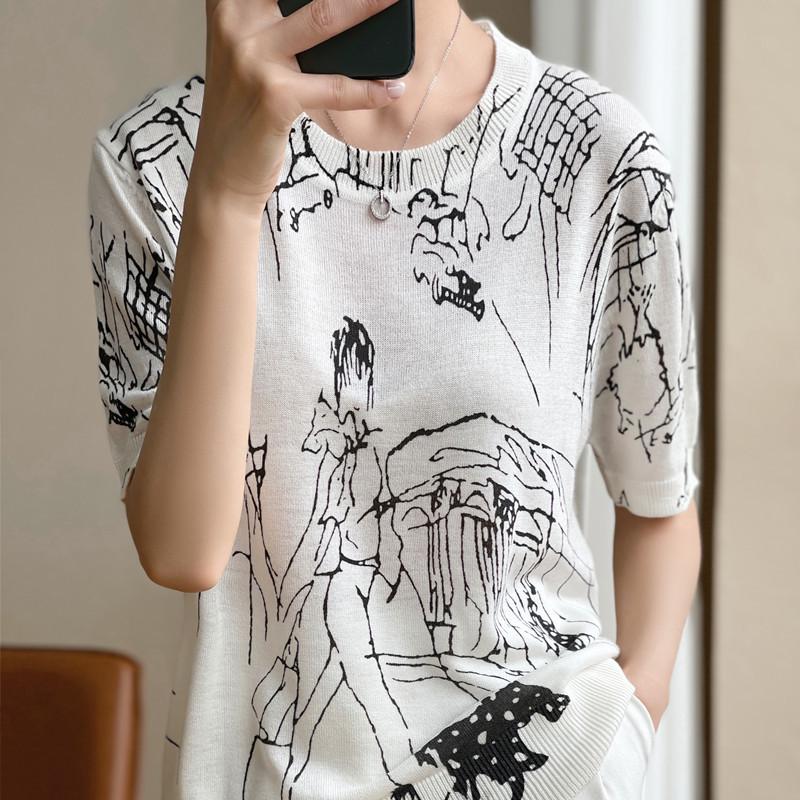 Women's Autumn/Winter Graffiti Wool Sweater: Round Neck, Short Sleeve, Casual Knit Pullover