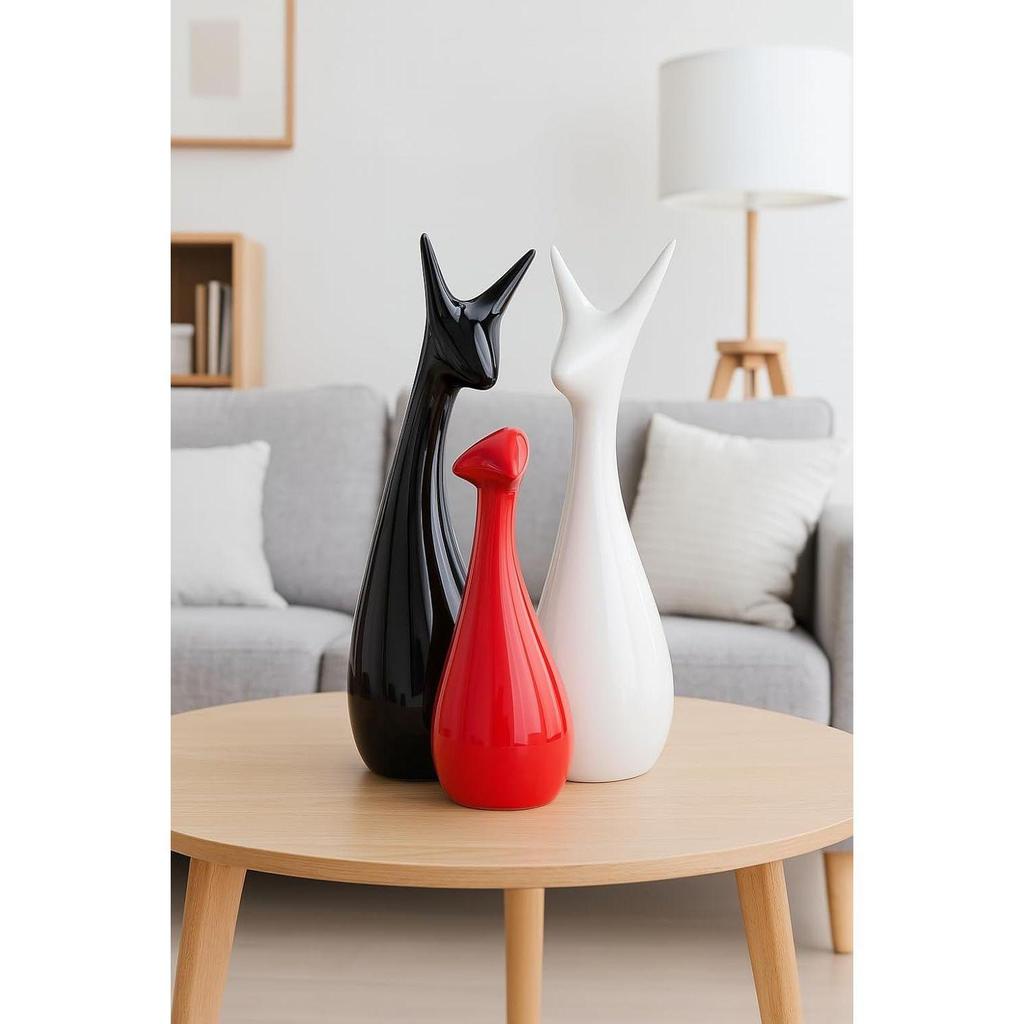 Home Decor Lucky Deer Statue Family Piano Finish Ceramic Figures - (Set of 3, Red Black, White)