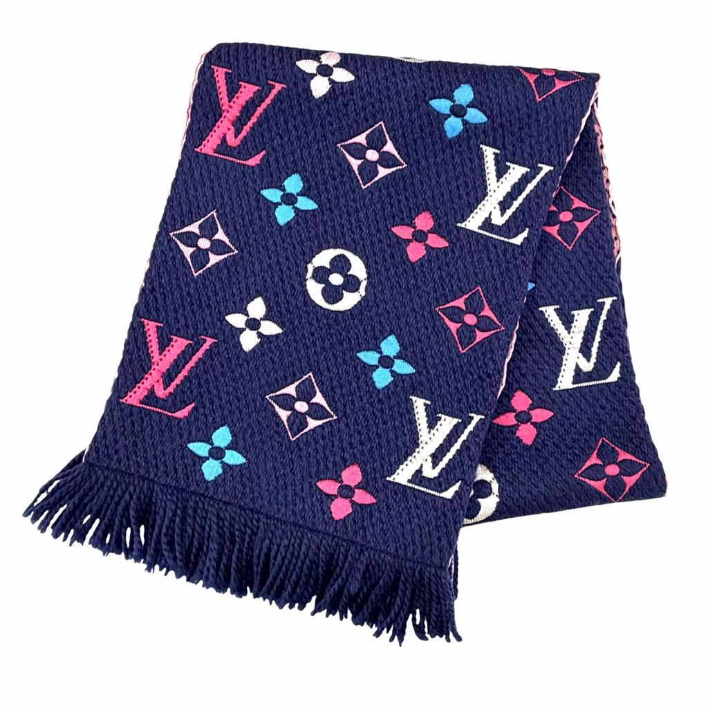 Great LOUIS VUITTON Scarf Escalp Logo Mania Navy Wool Women M70899 Used