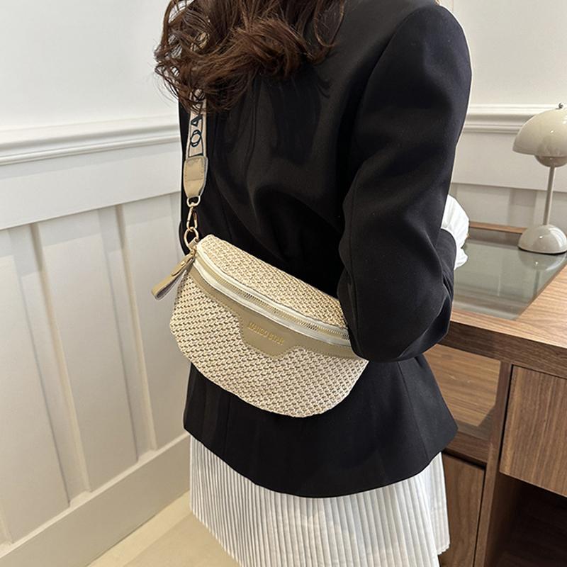 Women's Waist Pack Leather Straw Woven Chest Bag Travel Casual Shoulder Crossbody Bags For Women Summer Fanny Pack Purse CLE