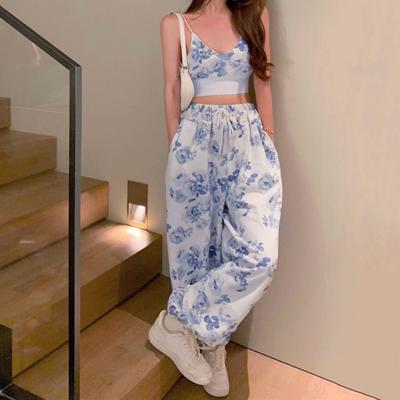 Women's 2-Piece Suit Waist Pants Breathable Camisole Wide-Leg Trousers Floral V-Neck Drawstring Elastic And Spaghetti