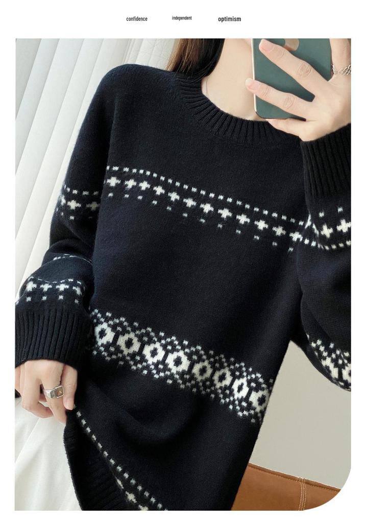 Meng Yi Women's Jacquard Wool Sweater: Autumn/Winter Loose Knitwear, Thick Round Neck