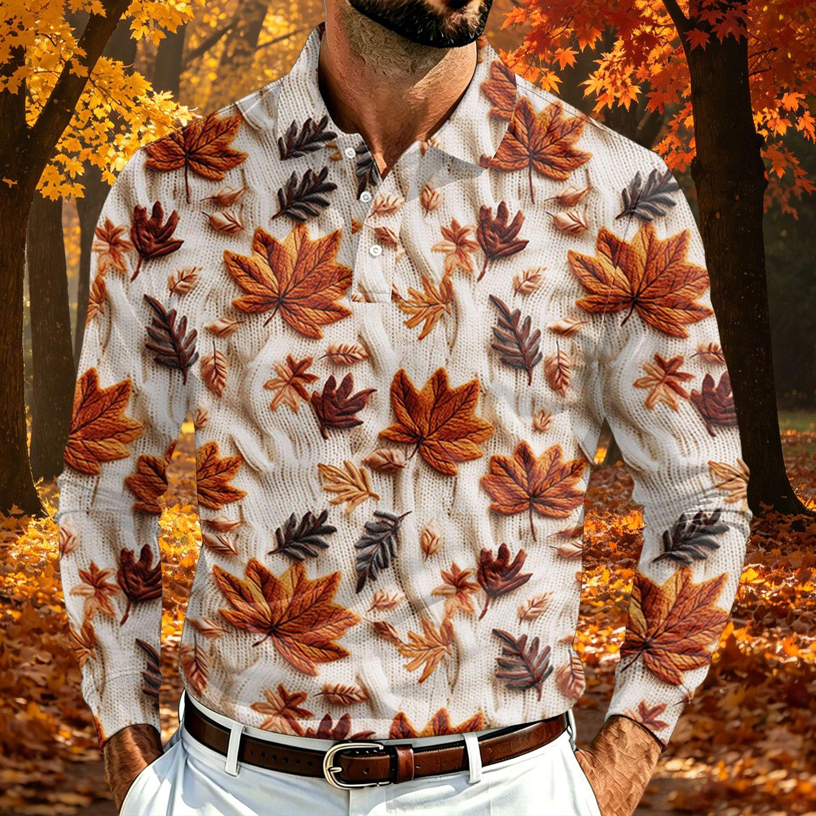 Men s Long Sleeve Lightweight Mesh Breathable Shirt with Maple Leaf Print Collar for Fall XXL