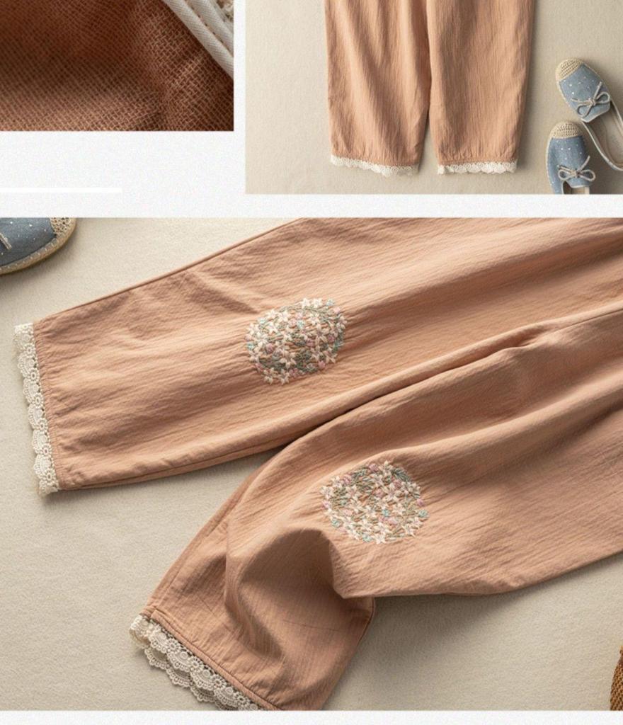 Women's Summer Cotton Linen Embroidered Harem Pants with Artistic Lace Stitching – Casual Nine-Point Bloomers