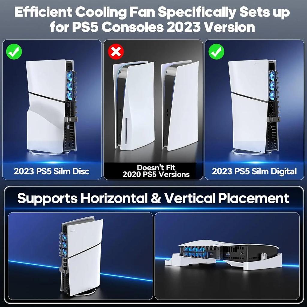 Cooling Fan for Sony Playstation 5 Slim Disc & Digital Console 3-Level Fan PS5 Slim Blue Ambient Light Efficient Cooler