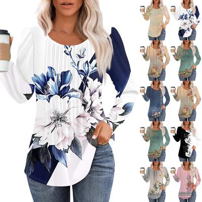 Women's Fashion Casual Pleated Round Neck  Print Long Sleeve T-Shirt Top